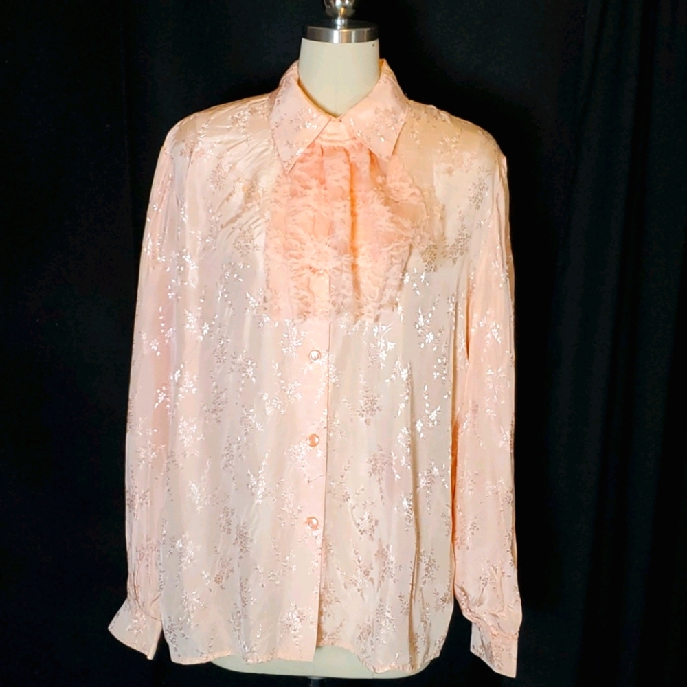 Vtg peach shiny blouse with detachable jabot, M/L